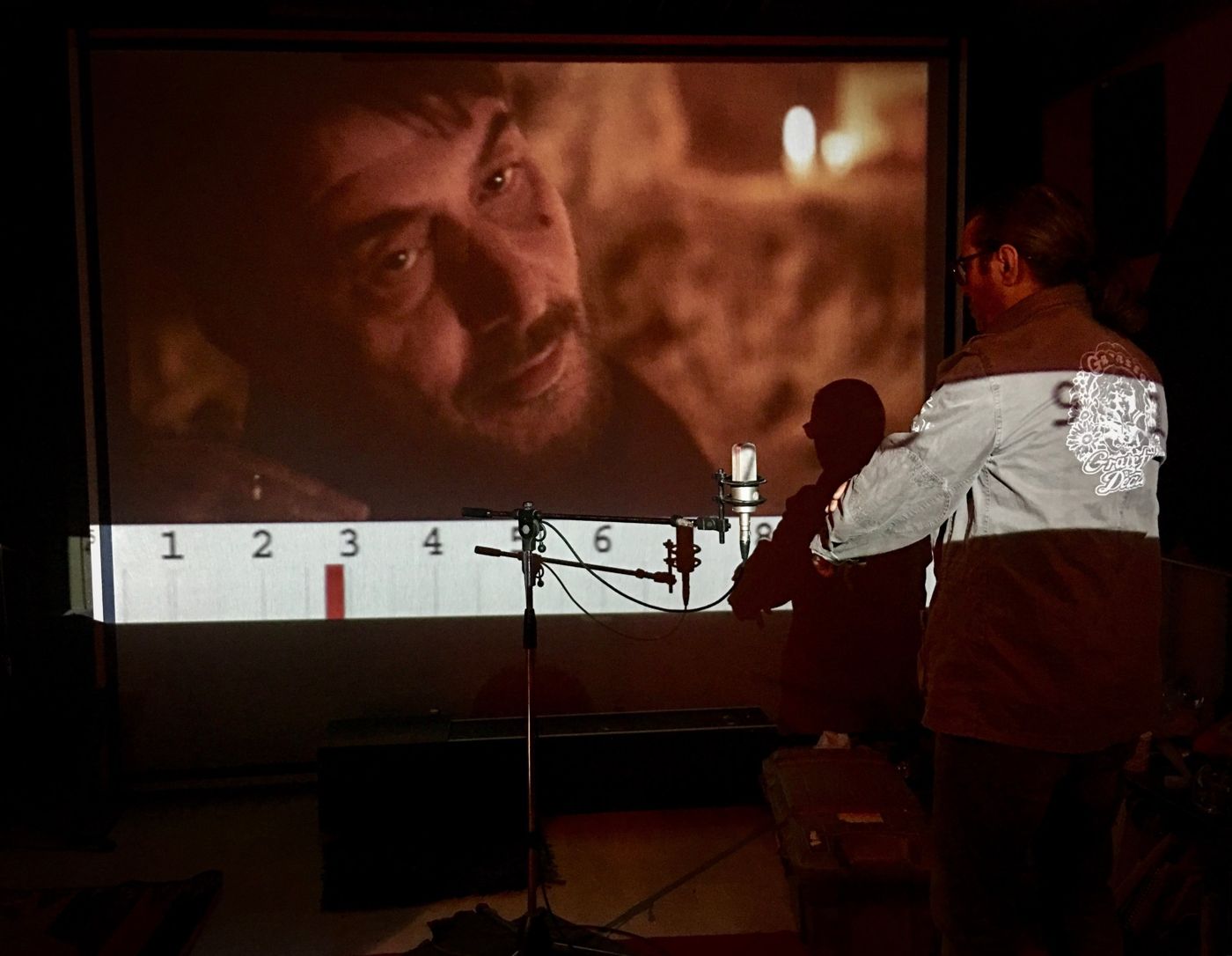 Recording session: a person at the microphone in front of the screen