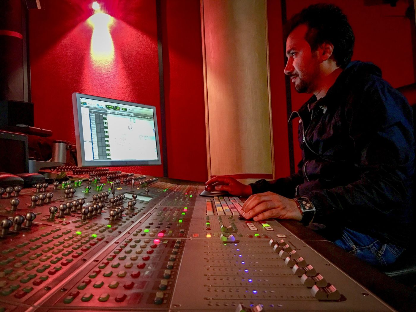 Mixing at the console in the red room
