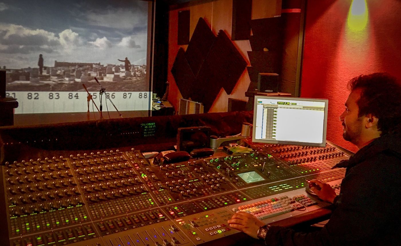 Mixing at the console, picture on screen