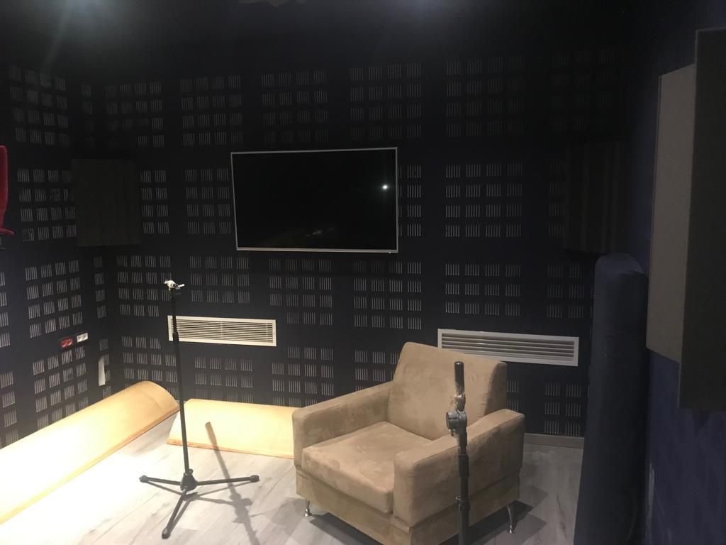 Recording booth with two microphones